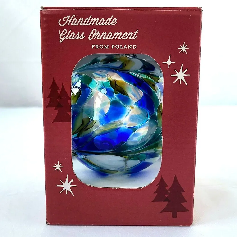 Zorza Artisan Mouth Blown Glass Christmas Ornament Large Round Blue Swirl Poland